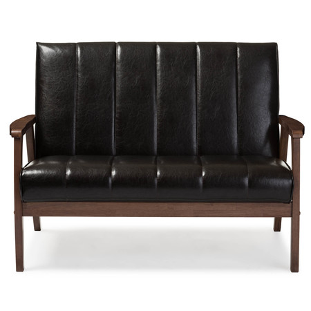 BAXTON STUDIO Nikko Mid-century Dark Brown Faux Leather Wooden 2-Seater Loveseat 121-6747